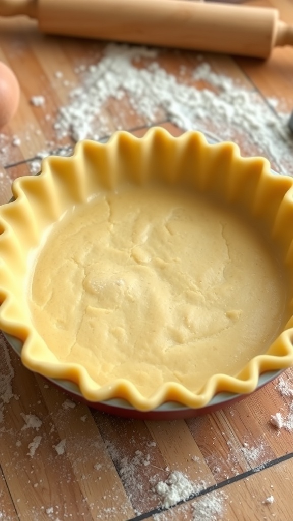 Golden brown pie crust in a dish, ready for filling, on a wooden countertop with flour and a rolling pin.